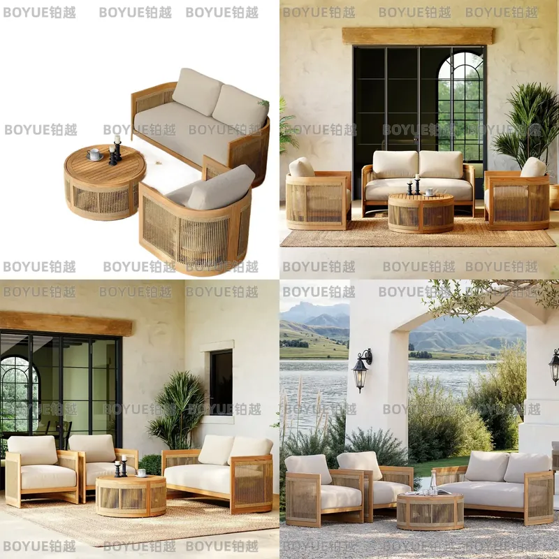 Rattan Lounge Set - Outdoor Teak Wood Sofa Set Waterproof